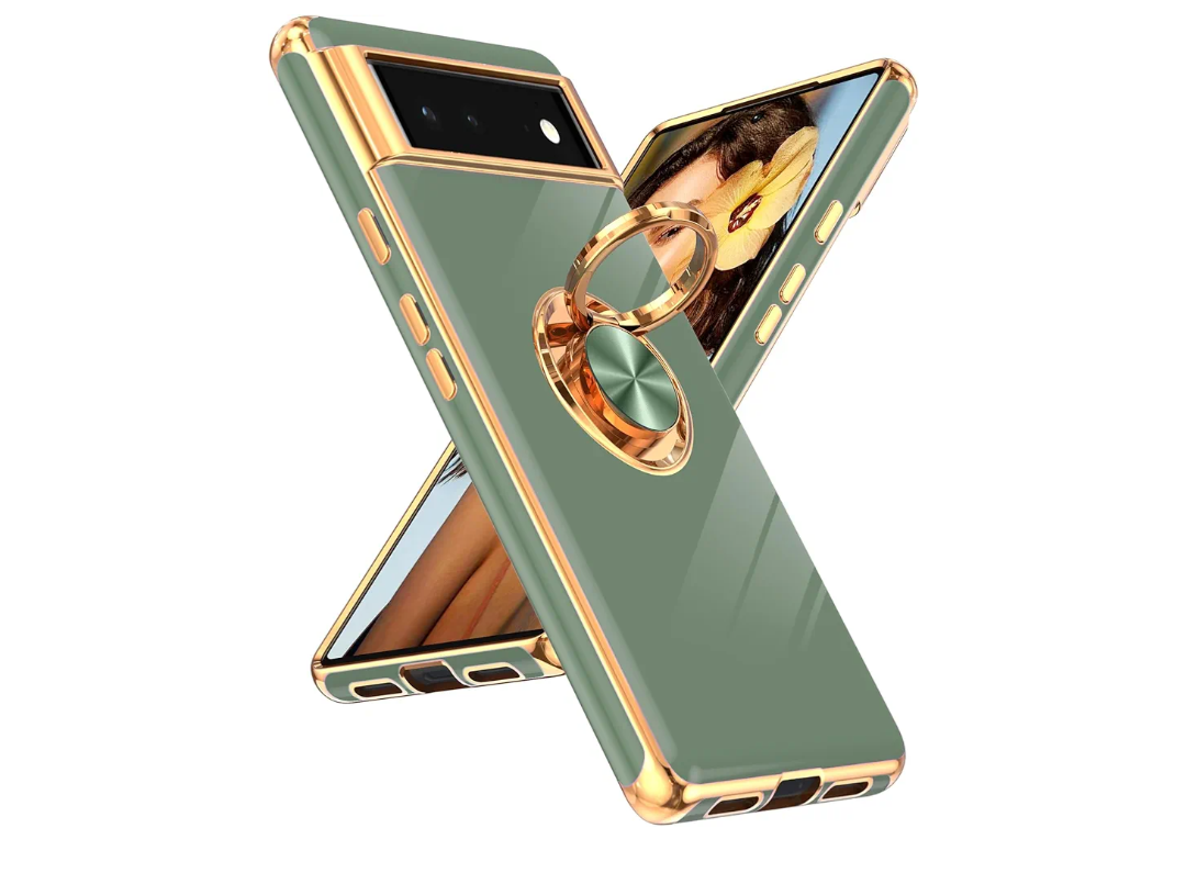 LeYi for Google Pixel 6 Phone Case: 360° Rotatable Ring Holder Magnetic Kickstand, Plating Rose Gold Edge Protective for Google Pixel 6 Case, L-Green