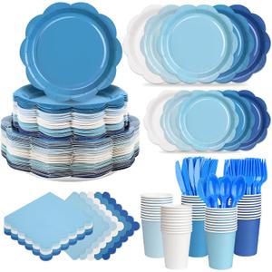 350 Pcs Blue Party Supplies Set - Blue Paper Plates and Napkins Set Include Gradient Blue Scalloped Paper Plate Napkin Cup Spoon Fork Knife for Birthday, Baby Shower, Wedding Forest Events
