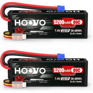 HOOVO 7.4V 5200mAh 80C 2S Lipo Battery Hard Case with EC3 Plug for Popular RC Car RC Helicopter Quadcopter UAV Drone FPV Tracxas Slash Buggy Team Associated(2 Packs)