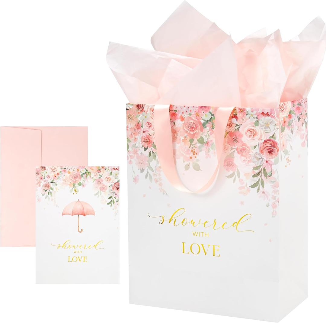 Crisky 13" Large Pink Floral Gift Bag (Showered with Love) with Cards & Tissue Paper for Wedding, Bridal Shower, Engagement Party Favor