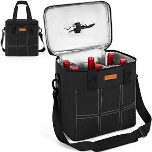 6 Bottle Tote Bag Cooler Bag Leakproof Carrier Case with Insulated Padded & Adjustable Shoulder Strap & Handle for Travel, Party, Picnic