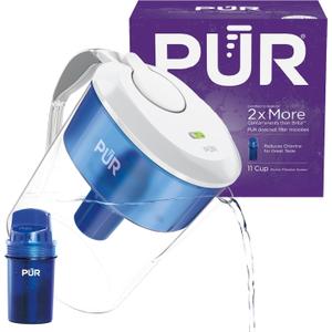 PUR 11-Cup Water Pitcher, 1 Filter, Cleaner, Great-Tasting Water, Dishwasher Safe, Powerful Filtration, Filter Change Light Indicator, LockFit Cap Design, White