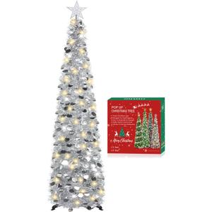 HMASYO 5 FT Pop Up Christmas Tree with Timer Lights, Silver Christmas Tinsel Tree, Collapsible Artificial Pencil Christmas Tree for Indoor Home Apartment Porch Holiday Party Decorations