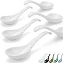 Artena Bright White 6.75 inch Asian Soup Spoons Set of 6, Ultra-fine Porcelain Tablespoon, Chinese/Japanese Kitchen Soup Spoons for Cereal, Ramen Pho - Deep Oval Hook Design (White)