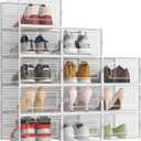 12 Pack XX-Large Modular Clear Plastic Stackable Shoe Storage Organizer for Closet, Space Saving Versatile Sneaker Shoe Rack Containers Bins Holders, Portable Closet Organizers and Storage, White