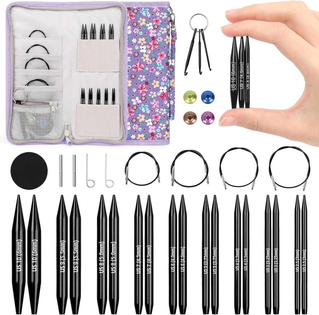 Katech Short Interchangeable Knitting Needles Set- 9 Pairs 2.17 Inch Circular Knitting Needles for Beginners Size 3.0-6.0mm, Round Knittings Needle with Cable and Case Accessories for Gloves Socks