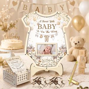 Kathfly 63 Pcs Neutral Boho Clothes Baby Shower Guest Book Alternatives Set A Sweet Little Baby Is On The Way Neutral Babies Shower Decoration Photo Frame Sonogram Frame Keepsake 60 Slice Guest Book