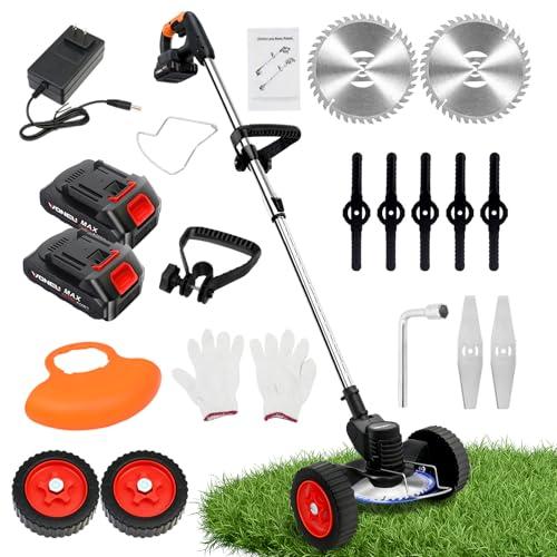 Electric Weed Eater with Wheels,Cordless Battery Weed Wacker with Charger, 3 in 1 Brush Cutter/String Trimmer/Grass Trimmer/Lawn Mower,Edger for Garden and Yard Lawn,2 Batteries Include