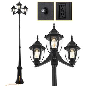 3-Head Outdoor Post Lights, 84" Dusk to Dawn Sensor Pole Lamp, Waterproof Floor Lamps, Outlet Gfci Pathway Lights for Garden, Lawn, Yard