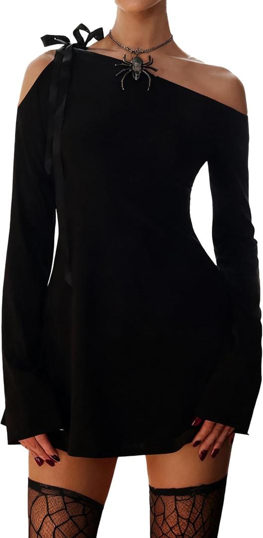 HYPERFIRE Women's Shoulder Tie Long Sleeve Asymmetrical Dress Boat Neck Cocktail Mini Dresses (Medium, Black)