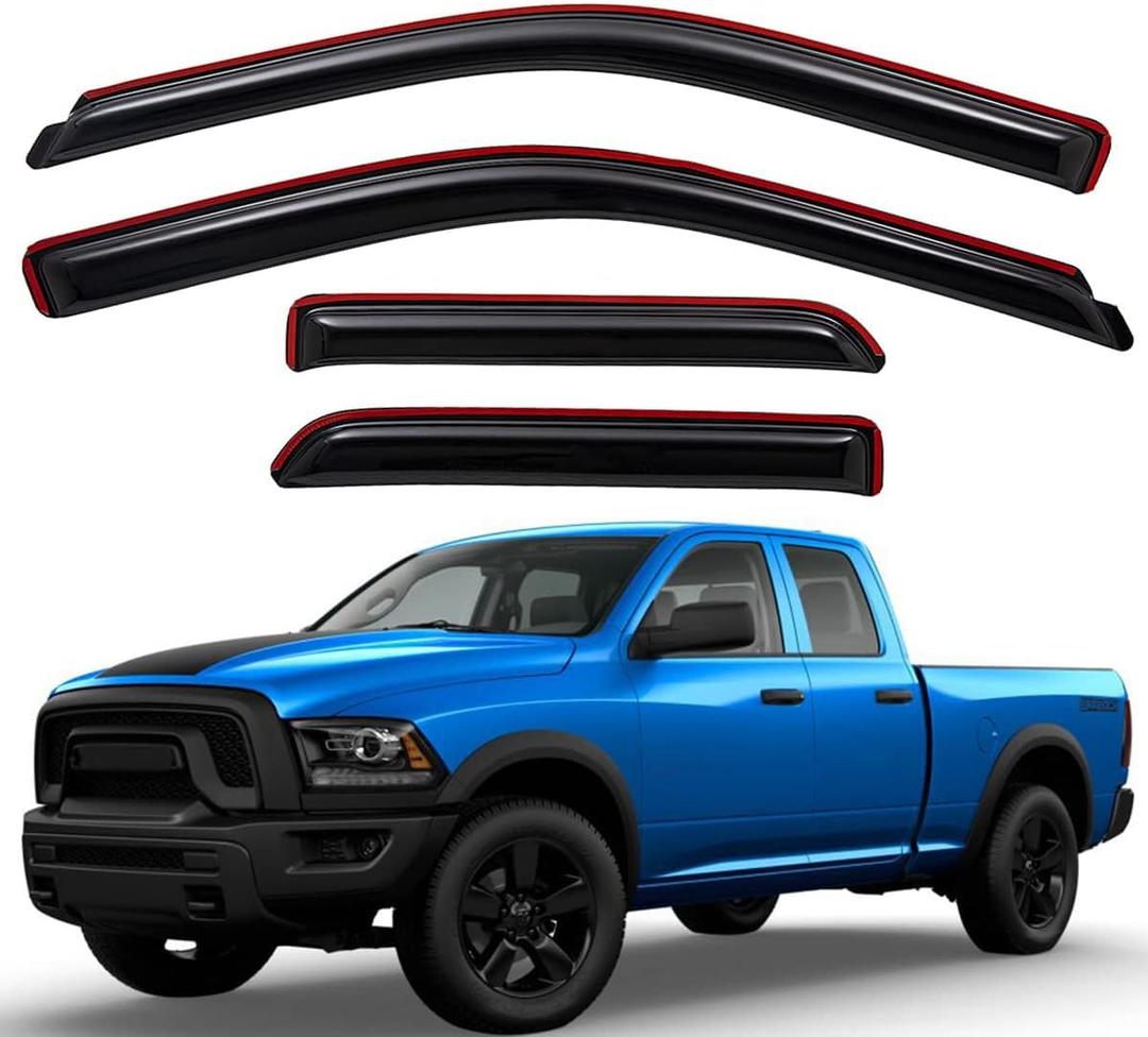 Lightronic 194101 Extra Durable Clip-on In-Channel Auto Vent Window Visors, Fits 2009-2010 Dodge Ram 1500, 2011-2018 Ram 1500, 2019-2024 Ram 1500 Classic, Quad Cab, UV-Protect Rain Guard, Smoke, 4-Pcs