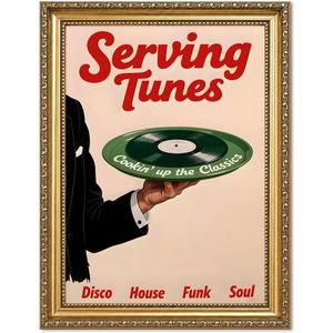 Vintage Gold Framed Music Wall Art, Retro Vinyl Record Pictures Wall Decor, Mid Century Modern Serving Tunes Paintings Canvas Prints Funky Home Decor for Bar Living Room 16x24 inch