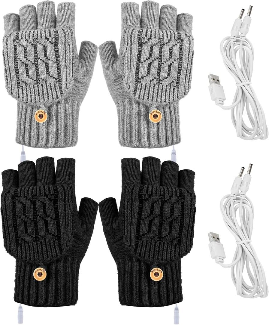 SATINIOR 2 Pairs Winter USB Heated Gloves Fingerless USB Hand Warmer Electric Hand Warming Gloves Heated Mittens with Button (Classic, Gray/Black)