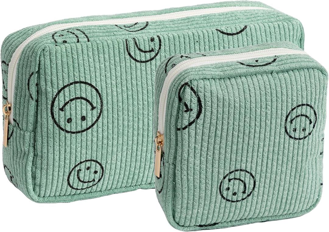 Makeup Bag Purse Cosmetics Bags Corduroy Cute Cosmetic Pouch Handbags Purses Makeup Organizer Storage for Women (2 Pack Green)