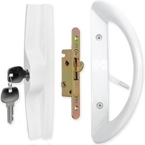 Patio Sliding Door Handle Set with Mortise Lock and Key Cylinder, Full Replacement Sliding Door Handle Lock Set Fits Door Thickness from 1-1/2" to 1-3/4", 3-15/16" Screw Hole Spacing, Keyed, White (with Key)
