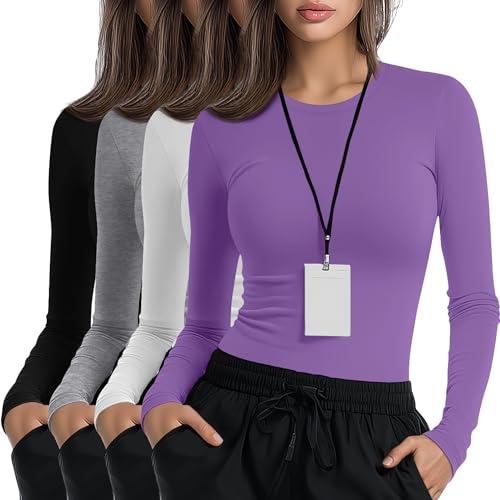 Xaatren 4 Pack Women's Underscrub Shirts Nurse Undershirts Long Sleeve Crewneck Slim Fit Tops Soft Stretchy Basic Tee (Purple, White, Black, Light Mixed Gray,X-Small)