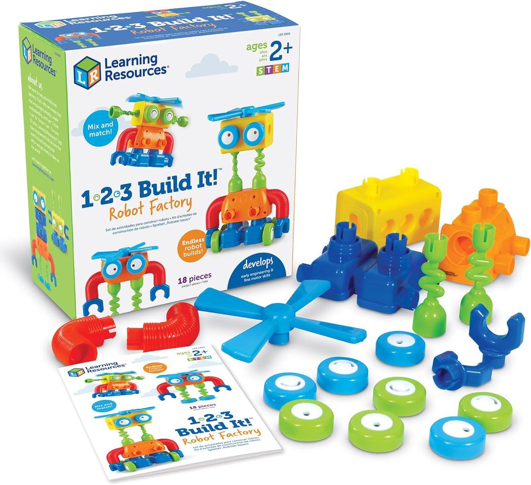 Learning Resources 1-2-3 Build It! Robot Factory, Fine Motor Toy, Robot Building Set for Unisex Children Ages 2+, Green