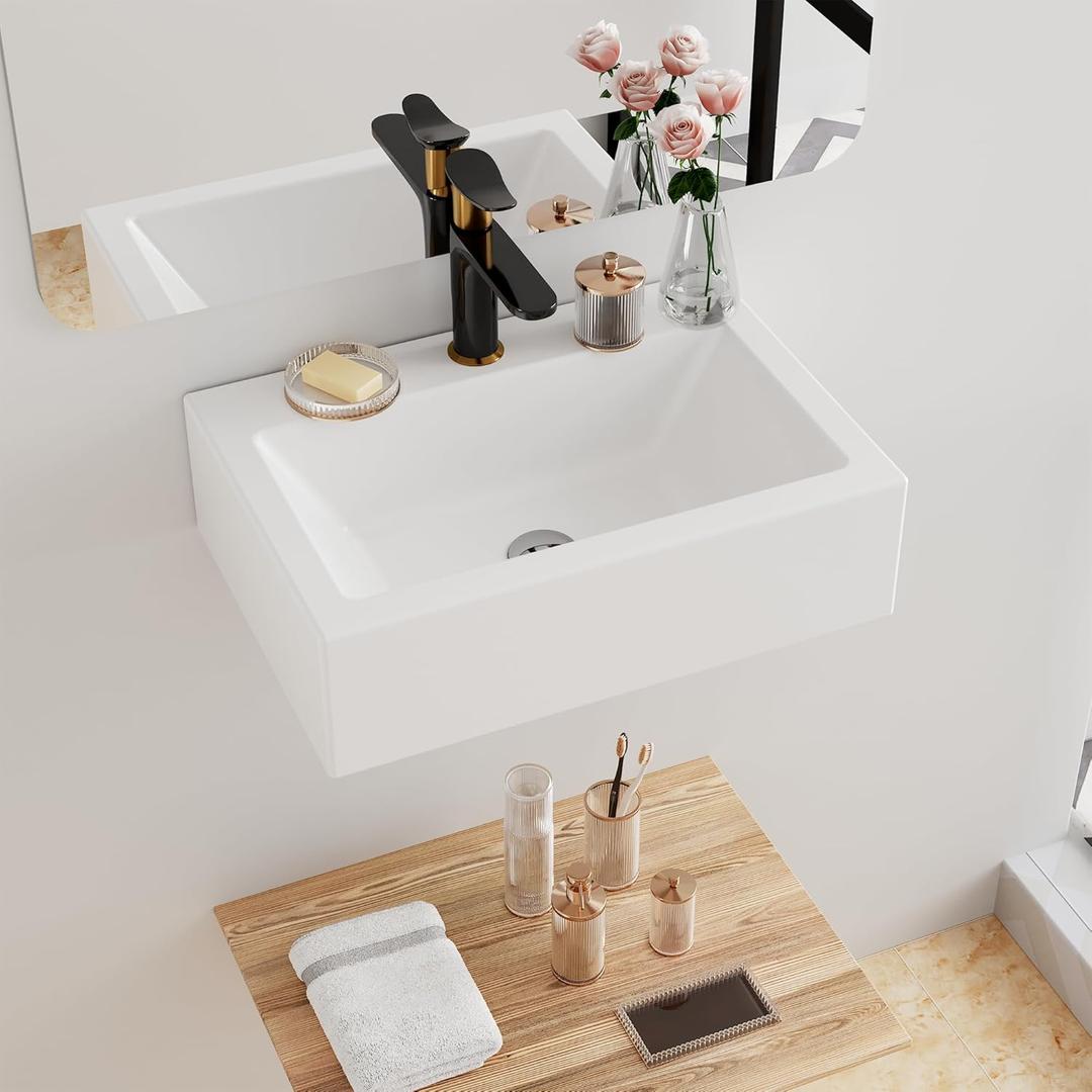 Floating Bathroom Vessel Sink Wall Mount, Hugsleek 16 x 12 inch Rectangle White Porcelain Ceramic Vessel Sink Wall Mounted Hang Bath Sink Bowl Basin Lavatory Vanity Restroom With Faucet Hole