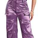 Women's High Waisted Satin Cargo Pants Loose Fit Wide Leg Trousers with Pockets Trendy Outfit (XX-Large, 13 Light Purple)