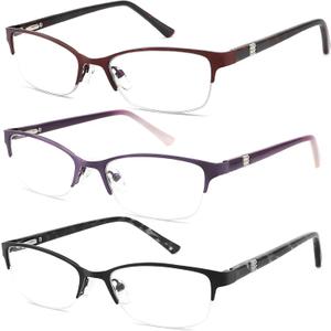 3 Pack Reading Glasses for Women Blue Light Blocking, Metal Oval Half Frame Womens Readers Glass with Spring Hinge, Anti Blue Ray Reduce Eye Strain Glare Headache(200 Magnification Strength) (Black Red Purple)