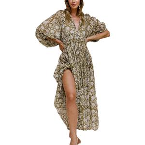 Casual Summer Dresses for Women Swing Floral Half Open Collar Boho Puff Sleeve Loose Midi Beach Dress XL