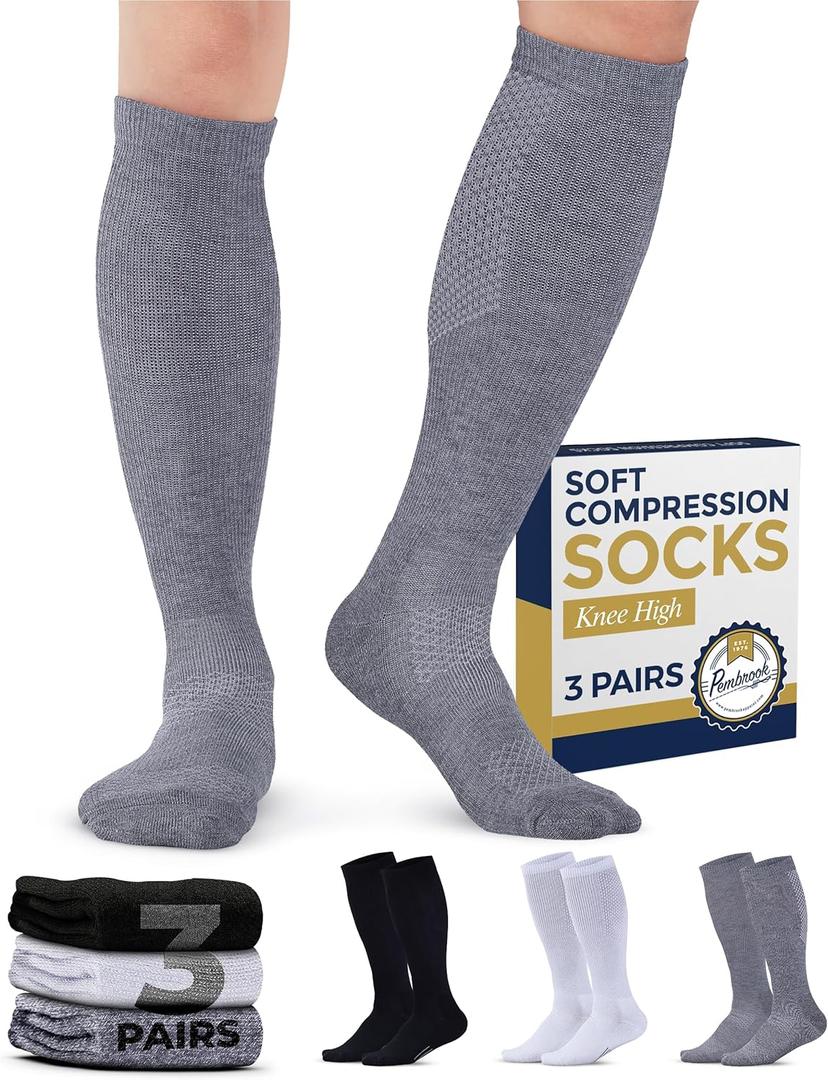 Pembrook Light Compression Socks for Men & Women - 3 Pairs | 8-15 mmhg Compression Dress Socks for Men | Support Socks (Large, Black/White/Gray - 3 Pairs)