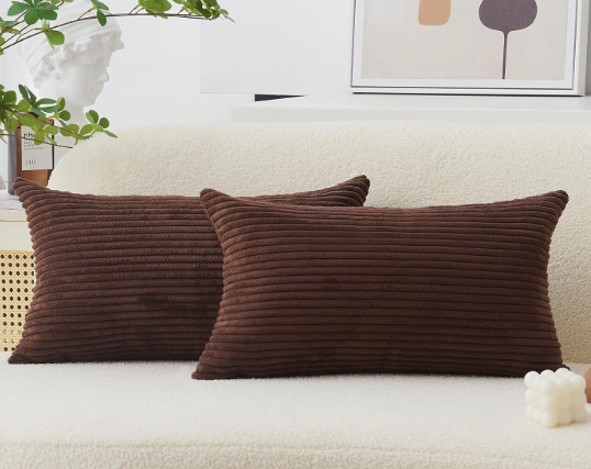Home Brilliant 12x20 Pillow Cover Lumbar Set of 2 Plush Striped Corduroy Velvet Brown Throw Pillows for Couch Sofa Party, 12 x 20 inch, Brown 