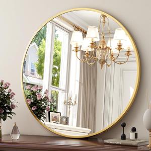 XRAMFY 24 Inch Round Mirror-Gold Circle Mirrors for Bathroom, Entryway | Modern Hanging Vanity Mirror for Livingroom, Wall Decor, Bedroom, Matte Gold Circle Decorative Wall Mirror
