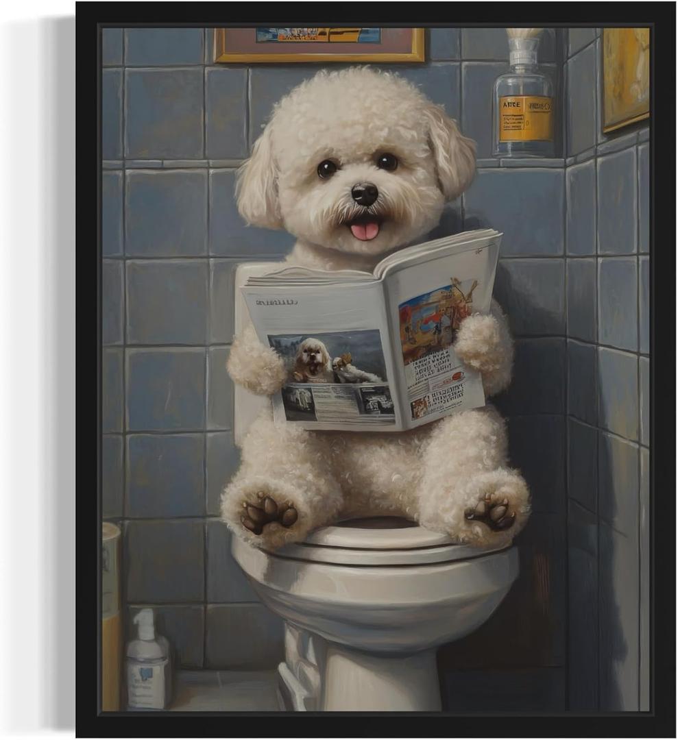 Bichon Frise on Toilet Unframed Wall Art Print Poster, Dog Bathroom Humor Decor Posters Prints for Restroom Home Picture Painting Artwork Gallery 7 (Bichon Frise, 20"L x 16"W, Unframed)