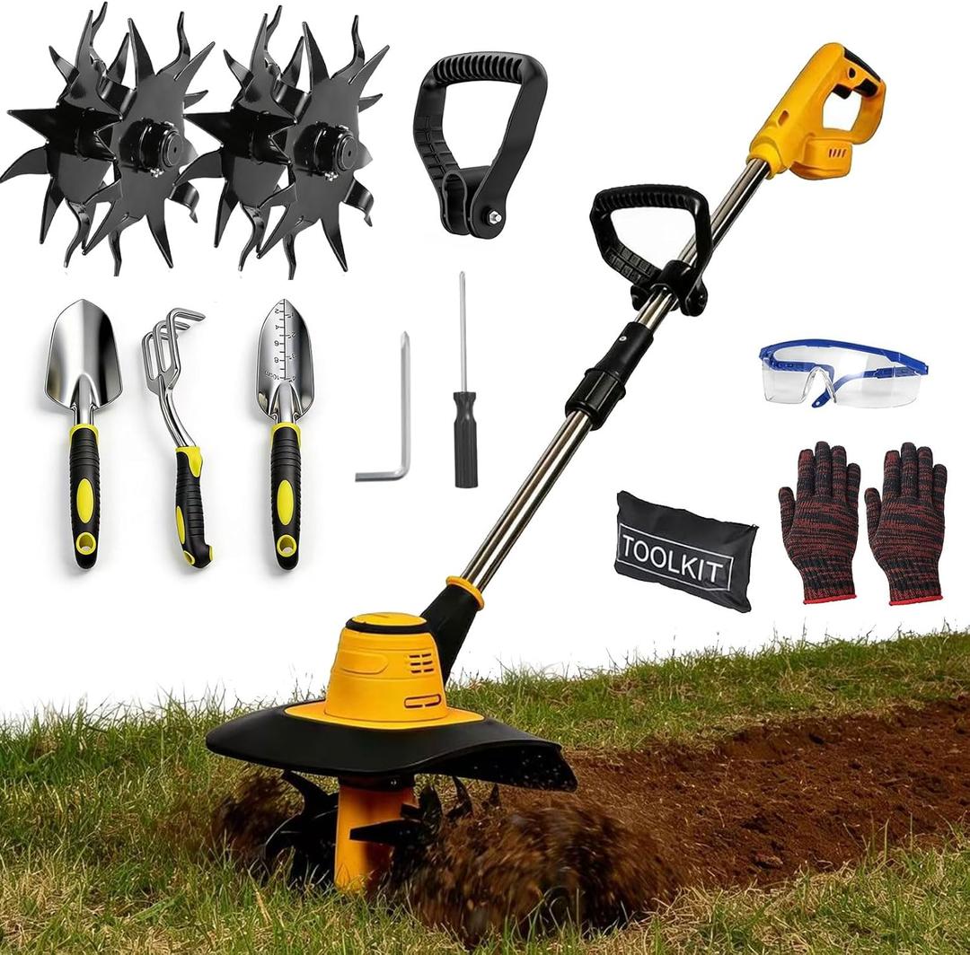 Cordless Tiller Cultivator Compatible with Dewalt 20V MAX Battery, Electric Garden Tiller w/360 RPM, 9In Tilling Width & 7In Depth, Rototiller for Lawn/Soil Cultivation (Battery Not Included)