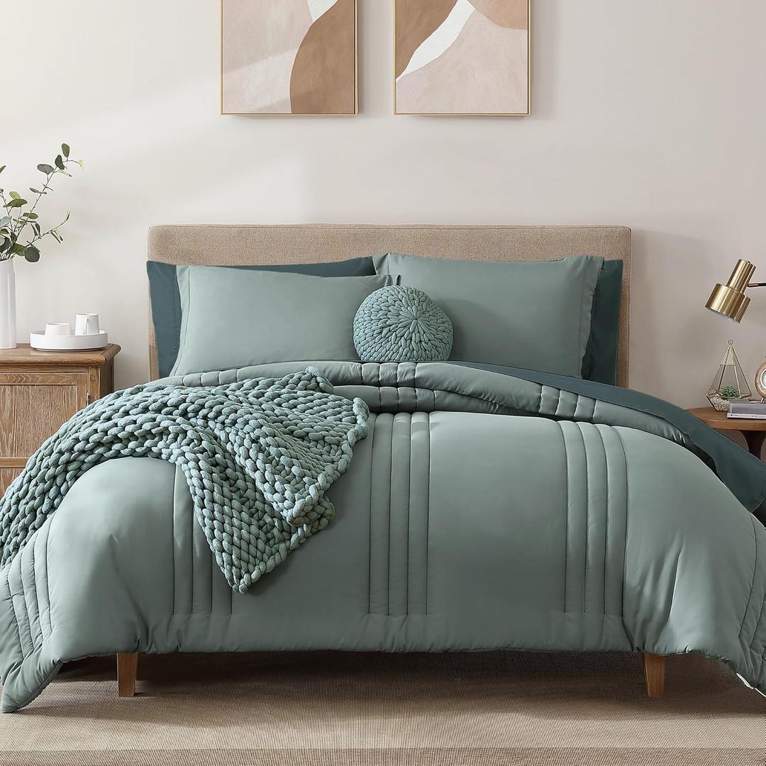 Monbix Queen Comforter Set - 7 Pieces Sage Green Bed in a Bag Queen Bedding Sets with Comforters, All Seasons Down Alternative Comforter Bed Set with Sheets,Pillowcases & Shams (7Piece-Queen(90X90''))