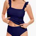 Tankini Swimsuit for Women Two Piece Tummy Control Bathing Suit Ruched Ruffle Swimwear Top with Bottom, Blue, L