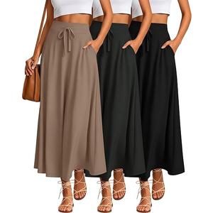 Riyiper 3 Pack Women's Maxi Skirts Long Skirts with Pockets High Waist a Line Drawstring Ankle Length Flowing Casual Summer, Size XXL