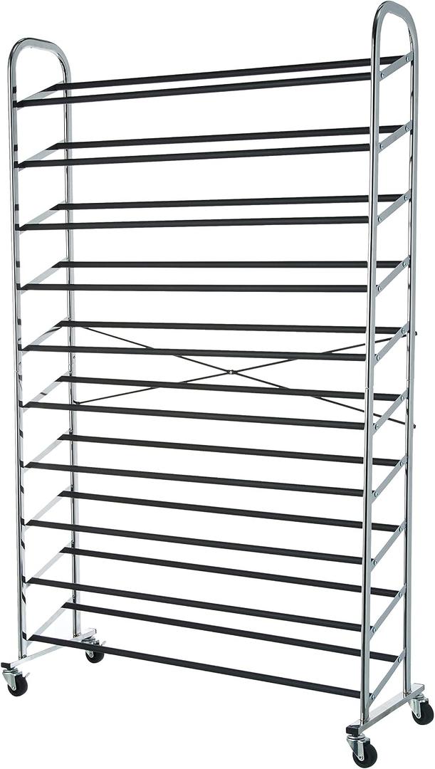 Amazon Basics 50-Pair Shoe Rack Organizer, Portable Rolling with Locking Wheels, Free Standing, 35.8 x 14.6 x 59.5 inches, Chromea
