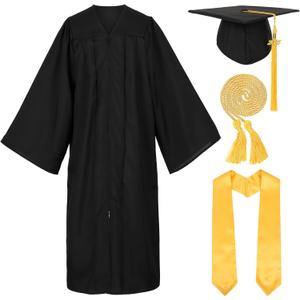 Unisex Matte Graduation Cap and Gown with Stole Honor Cords Set for High School College Bachelor (48, Black Gold)