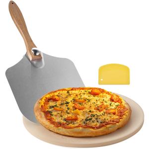 VEVOR Pizza Stone, 15 in Round Pizza Stone, 0.67 in Large Cordierite Baking-Stone with Metal Peel, Scrape, 1450℉ Heat-Resistant Cooking Stones, for Kitchen Oven, Baking Pizzas, BBQ Grill