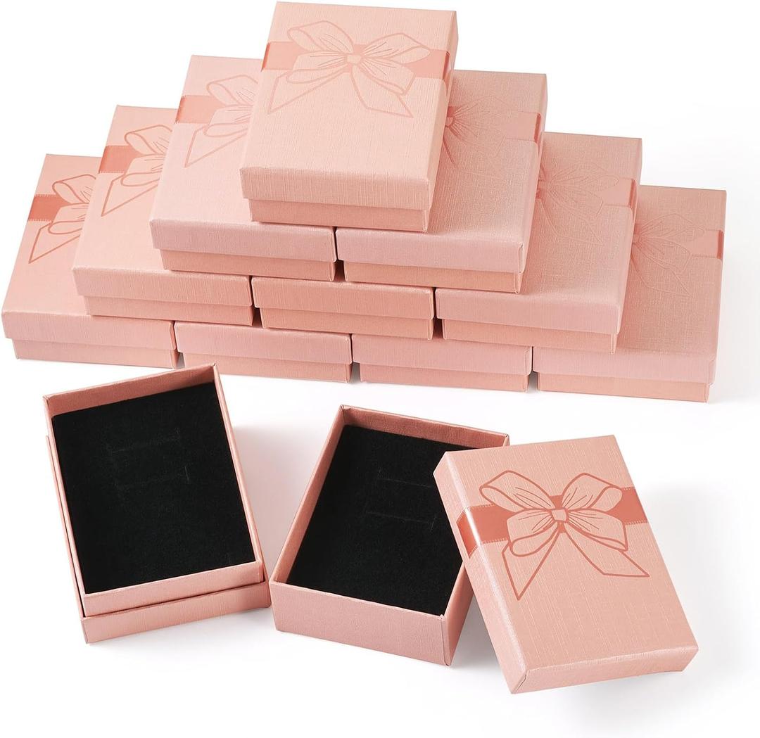 Boutigem 12 Pack Pink Bowknot Printed Jewelry Gift Boxes 3.54 x 2.76 Inch Small Rectangle Jewelry Packing Boxes with Lids Cardboard Paper Gift Case for Earrings Necklaces Bracelets Jewelry Display