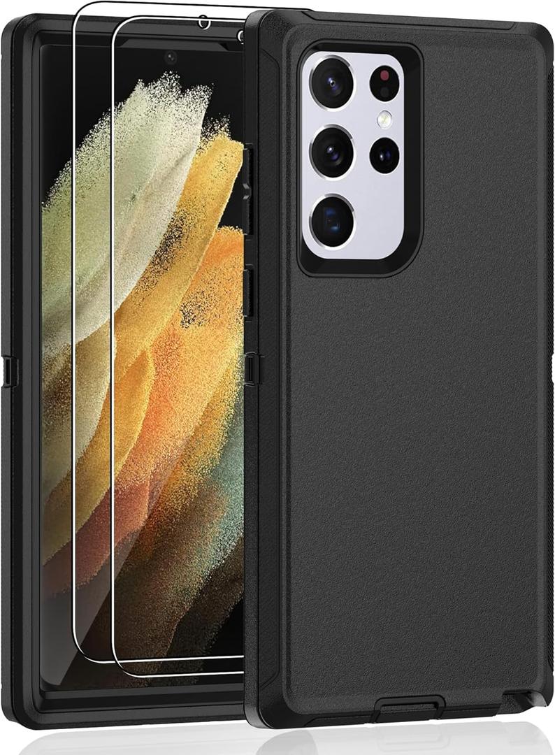 Jshru for Samsung Galaxy S22 Ultra Case, with [2 Pack] HD Screen Protector, [Military-Grade] Shockproof Dust/Drop Proof 3-Layer Full Body Protection Heavy Duty Case for Galaxy S22 Ultra, Black
