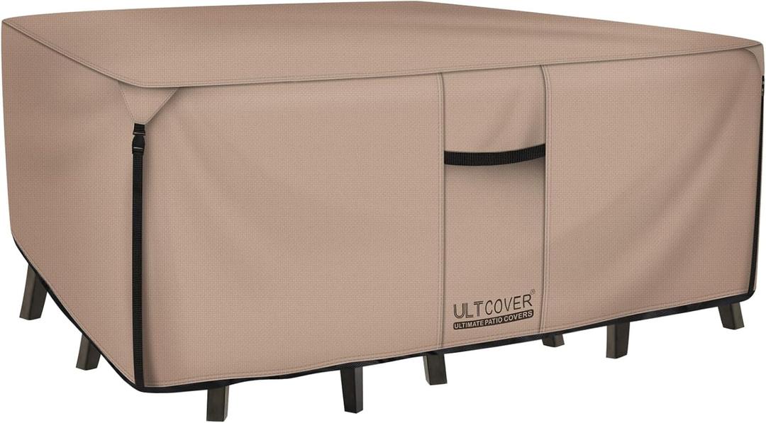 ULTCOVER Rectangular Patio Heavy Duty Table Cover - 600D Tough Canvas Waterproof Outdoor Dining Table and Chairs General Purpose Furniture Cover Size 64L x 52W x 28H inch (Rectangular 64"(L)x52"(W), Brown)