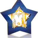 Christmas Nativity Scene Ornament Wooden Nativity Set Christmas Ornament Religious Rustic Christmas Nativity Ornaments Scene Decorations with LED Light for Shelves Tables Decorations (Blue White)