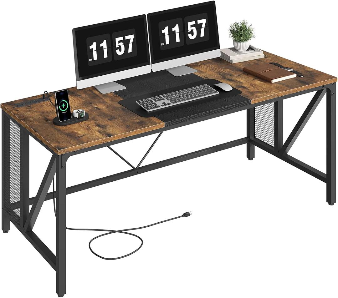 YATINEY 63" Computer Desk with Power Outlets, Gaming Desk, Large Office Executive Desk Workstation, Business Furniture for Home Office, Study, Rustic Brown and Black DN16UBR, 63"L x 27.6"W x 29.9"H