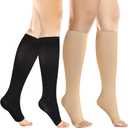 +MD 2 Pairs 20-30 mmHg Compression Socks for Women & Men, Knee High Open Toe Stockings, Graduated Support & Comfort Hose (Medium, Nude/Black)