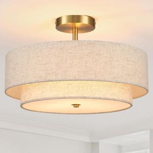 18" Semi Flush Mount Ceiling Light with Fabric Lampshade Modern Drum Ceiling Lamp Gold Ceiling Light Fixture for Dining Room Kitchen Bedroom Living Room