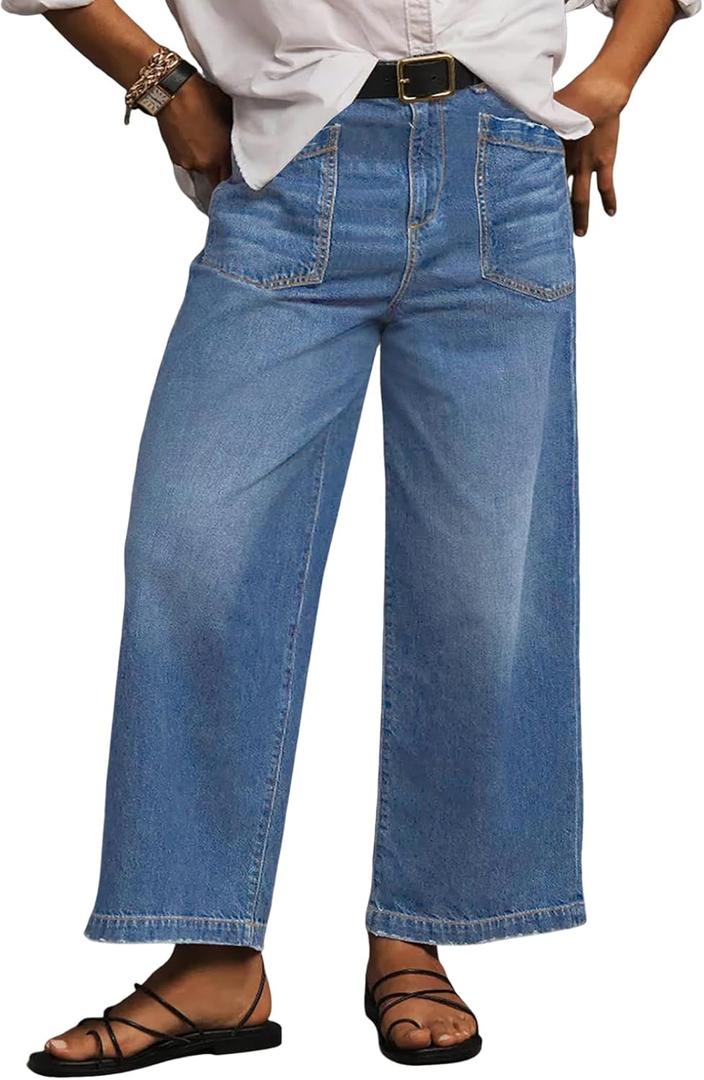 Eytino Plus Size Jeans for Women High Waisted Wide Leg Jeans Trendy Baggy Loose Stretchy Denim Pants with Pockets(5X) (Blue)
