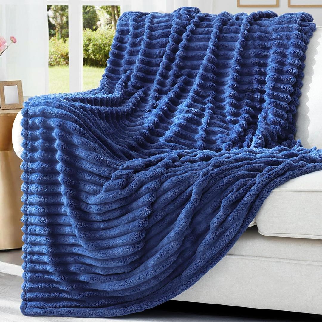 decorUhome Soft Fleece Navy Blue Throw Blanket for Couch, Cozy Fluffy Plush Flannel Striped Blanket for Sofa Bed, Lightweight Decorative Ribbed Fuzzy Blanket for Woman, 50x60 Inches