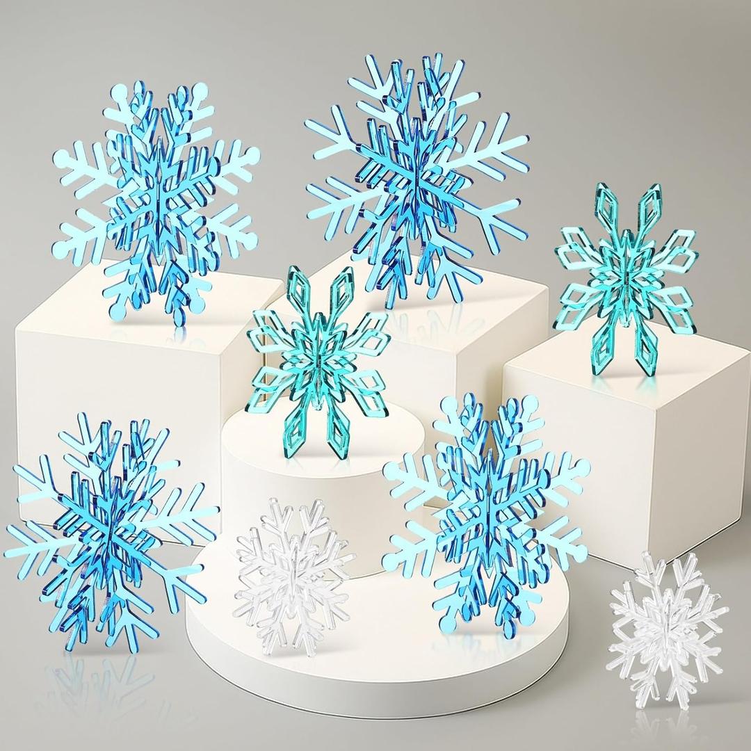 Yousoontic Set of 8 Winter 3D Acrylic Snowflake 16 Pcs Acrylic Snowflake Table Decorations Tabletop Centerpiece for Winter Party Wedding New Year(3 Colors)