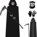 Grim Reaper Costume Set for Adult,Unisex Halloween Hooded Cape Cosplay Fancy Dress Cloak with & Scythe & Mask & Glove