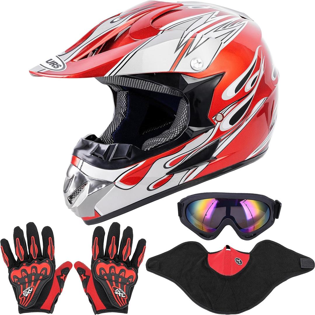 Adult Motocross Dirt Bike Helmet with Goggle, Gloves & Mask - DOT/FMVSS-218 Off-Road Motorcycle & ATV Helmet with Adjustable Sun Visor (Large, New Red Flame)