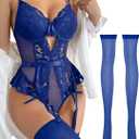 Lilosy Sexy Stocking Lace Mesh Bodysuit Top Underwire Garter Lingerie Set 3 Piece (Blue, L)
