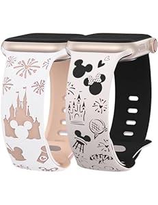 2 Packs Cartoon Engraved Band Compatible with Apple Watch Band 49/46/45/44/42/41/40/38mm Women Two-Tone Cute Soft Silicone Sport Strap for iWatch SE Series 10/9/8/7/6/5/4/3/2/1/Ultra(1/2) (Black Starlight/Starlight Black)
